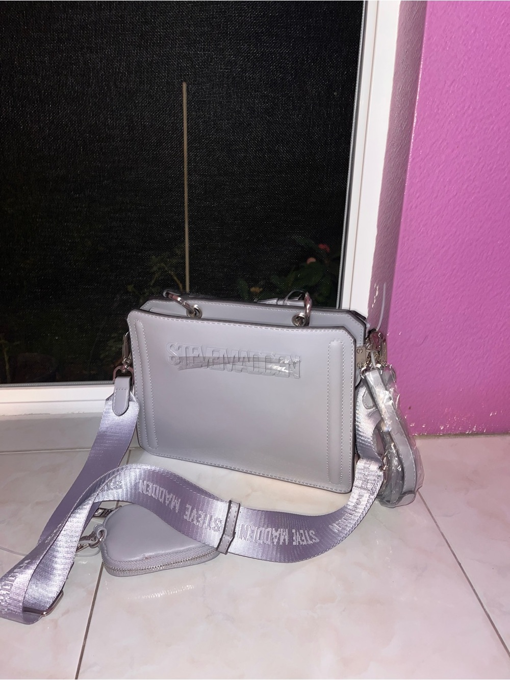 Steve Madden Light Gray Satin-Trim Crossbody Bag